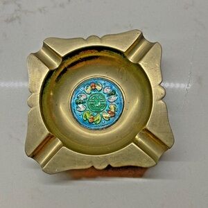 Vintage Brass Ashtray with Enamel Design